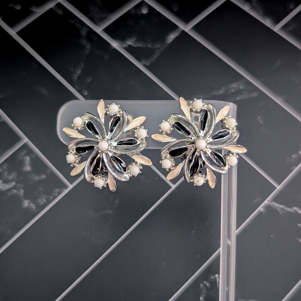 Vintage Clip On Earrings Large Silver Tone, Black, Cream - Clip Repair Needed